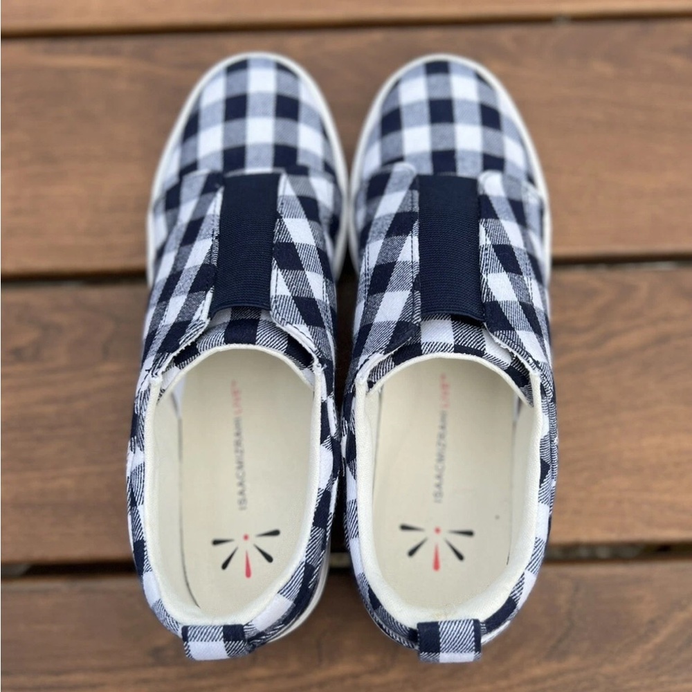 ISAAC MIZRAH LIVE! Gingham Printed Canvas Sneakers-Navy & White-Size 9.5M